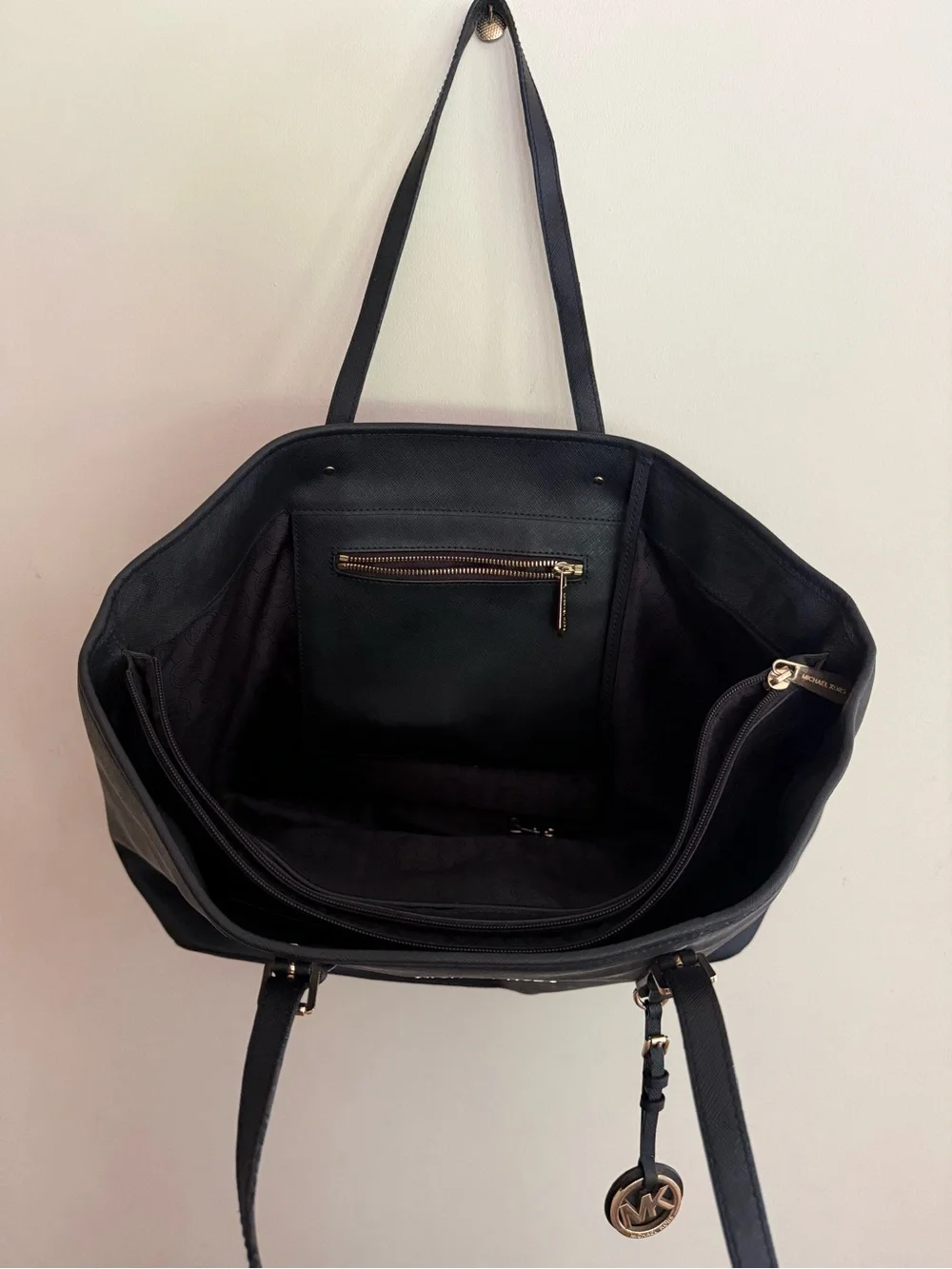 Michael Kors Black Leather Tote with Gold MK Charm
